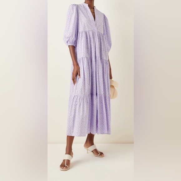 byTiMo Lavender Floral Cotton Maxi Dress Puff Sleeve Dress Size M